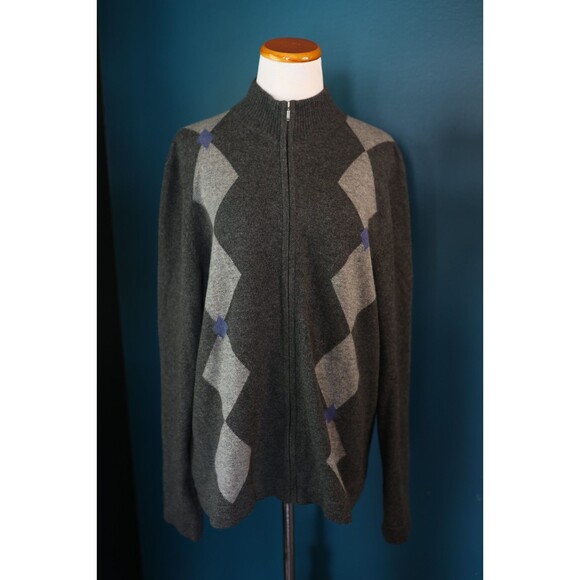Glen Lyon Men's 100% Cashmere Full Zip Gray Sweater Argyle Large Preppy - Picture 1 of 10